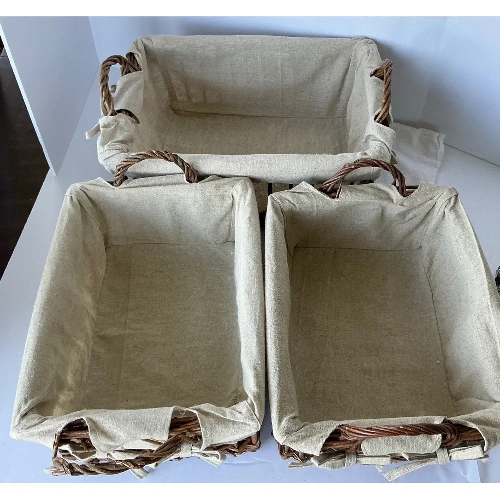 Rustic Twig Nesting Baskets Set of 3 Fabric Lined Brown Farmhouse Home‎